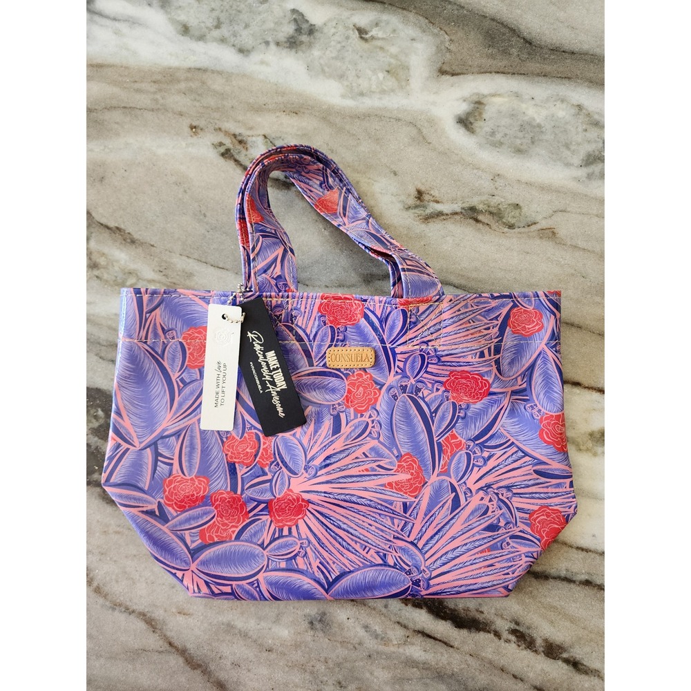 Consuela Grab & Go Mini Tote Bag Purple Floral Cactus Print Coated Canvas NWT